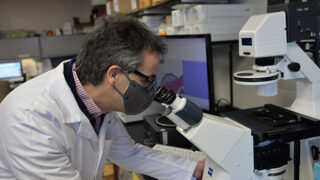 Antoni Paul, PhD, examining a slide under a microscope