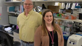 Group picture of Karsten Hazlett, PhD, and Lauren Cowen Shoudy, PhD who are researching a potential new vaccine for tularemia