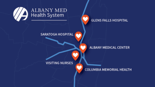 Diagrammatic map graphic showing heart care locations provided by the Albany Med Health System