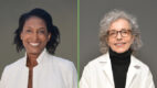 Headshots of two women wearing white coats