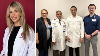 Composite image of co-authors of study on blastomycosis, showing a portrait of a medical student on the left and a group picture of four doctors on the right