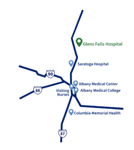 map of Albany Med Health System with Glens Falls Hospital highlighted