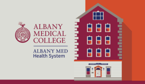 Graphic illustration of Albany Medical College's historic entrance.