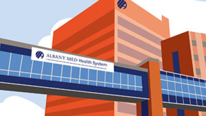 Graphic illustration of Albany Medical Center's Surgeon's Pavilion and elevated walkway.