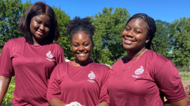 Students smile while wearing their garnet Albany Medical College shirts and participating in a Day of Service to assist Capital Roots, a non-profit organization.