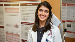 Albany Medical College student standing in front of poster presentation.