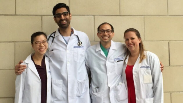 Group photo of four internal medicine-pediatrics residents