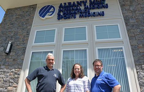 Sports Medicine team at the Internal Medicine & Pediatrics Office on New Loudon Road in Cohoes, Wednesday, May 25, 2022. Pictured from left to right: Hamish Kerr, MD, professor of medicine/pediatrics and fellowship director of sports medicine; Michelle Bowen, athletic trainer and research coordinator; and Brady Bowen, DO, sports medicine/pediatrics and internal medicine physician.