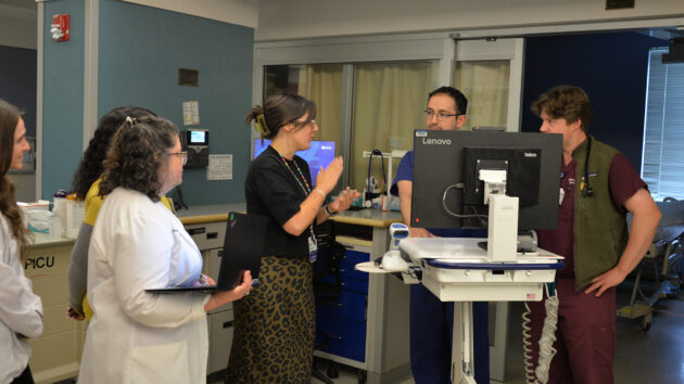 Pediatric residents conferring with their peers